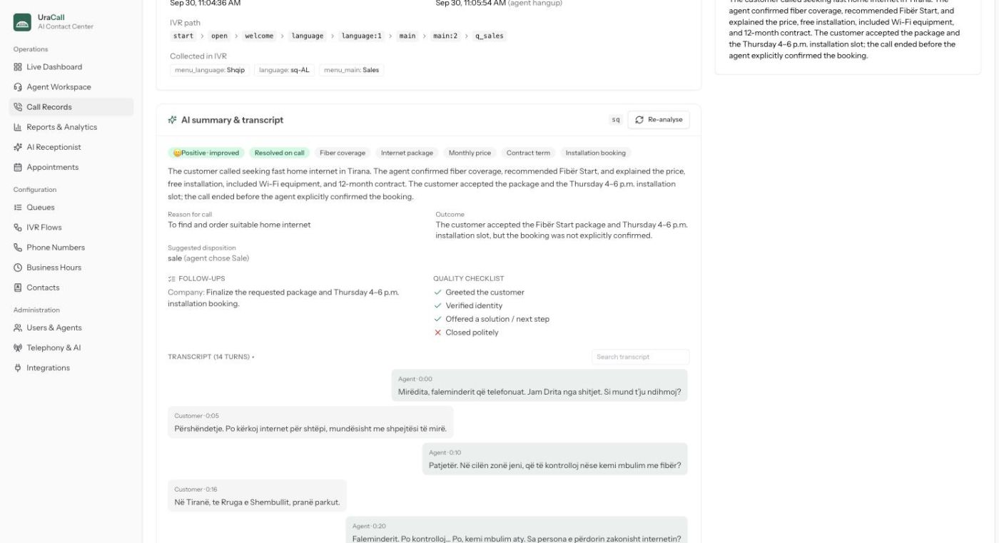 UraCall — Regjistrimi & përmbledhja AI